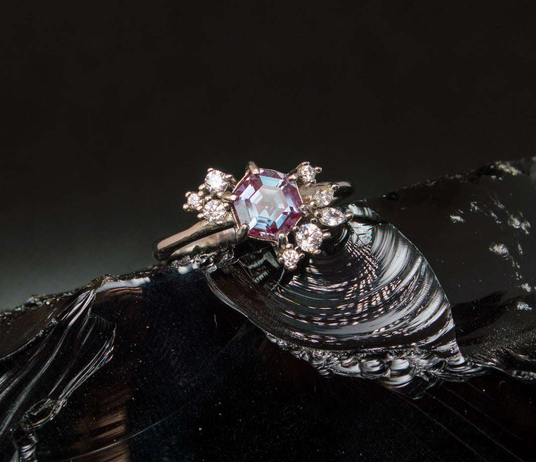 Hexagonal Alexandrite Ring in 925 Sterling Silver