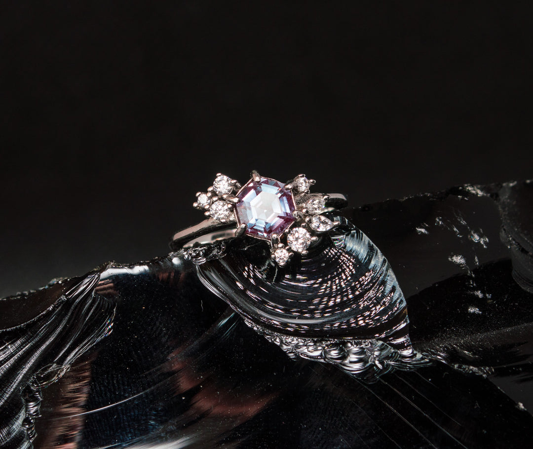 Hexagonal Alexandrite Ring in 925 Sterling Silver