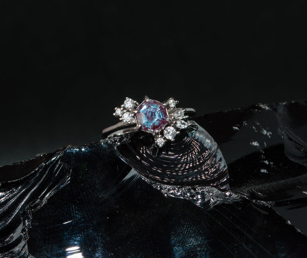 Hexagonal Alexandrite Ring in 925 Sterling Silver