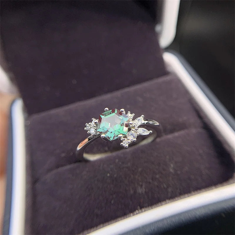 Hexagonal Alexandrite Ring in 925 Sterling Silver