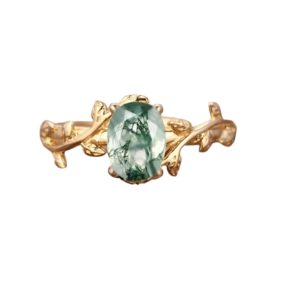 S925 Classic Moss Agate Ring