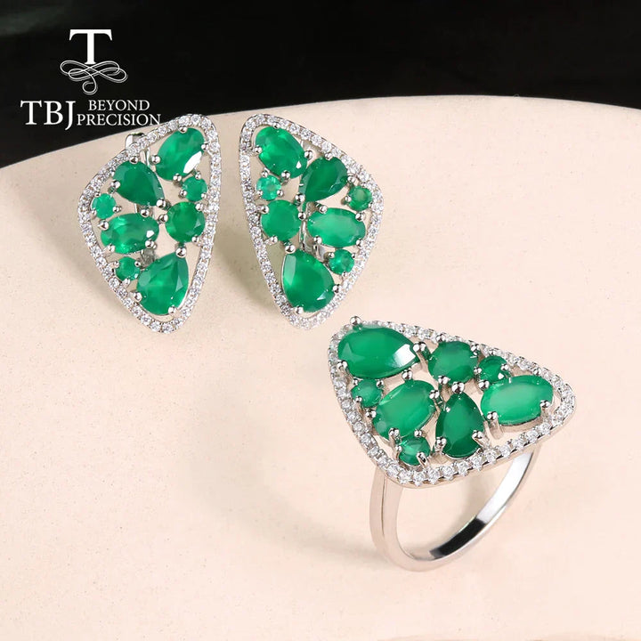 S925 Jewelry Set with Natural Green Agate from Brazil