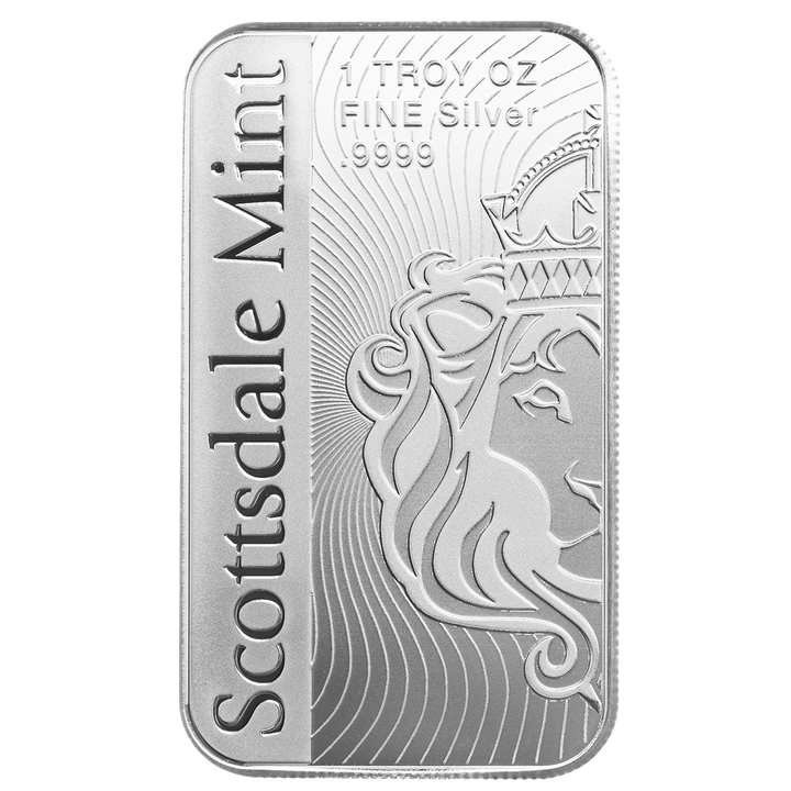Scottsdale Mint .999 Fine Silver Bar with weight and purity