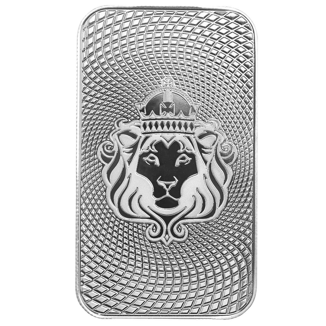 Front face of 1 oz Scottsdale Silver Bar featuring lion hallmark