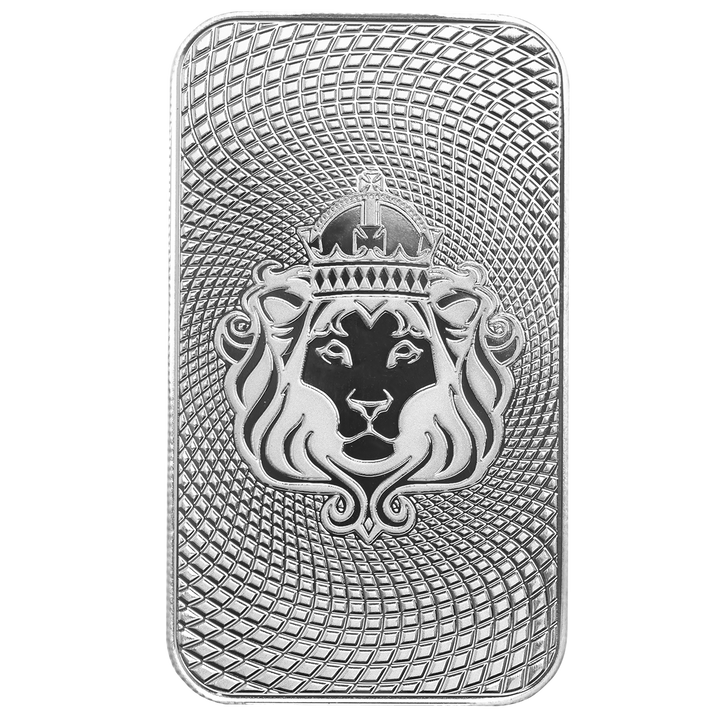Front face of 1 oz Scottsdale Silver Bar featuring lion hallmark