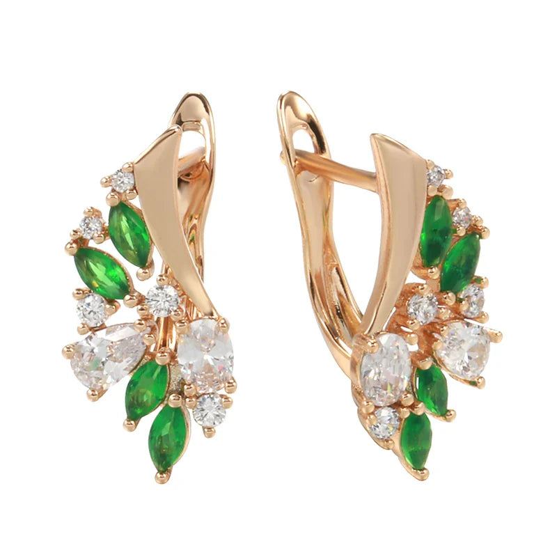 Leaf Green Zirconia Earrings For Women  - Rose Gold plated