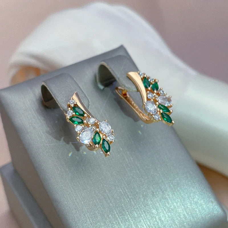 Leaf Green Zirconia Earrings For Women  - Rose Gold plated