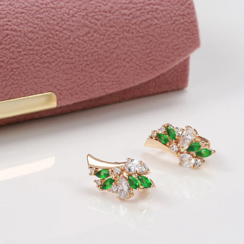 Leaf Green Zirconia Earrings For Women  - Rose Gold plated