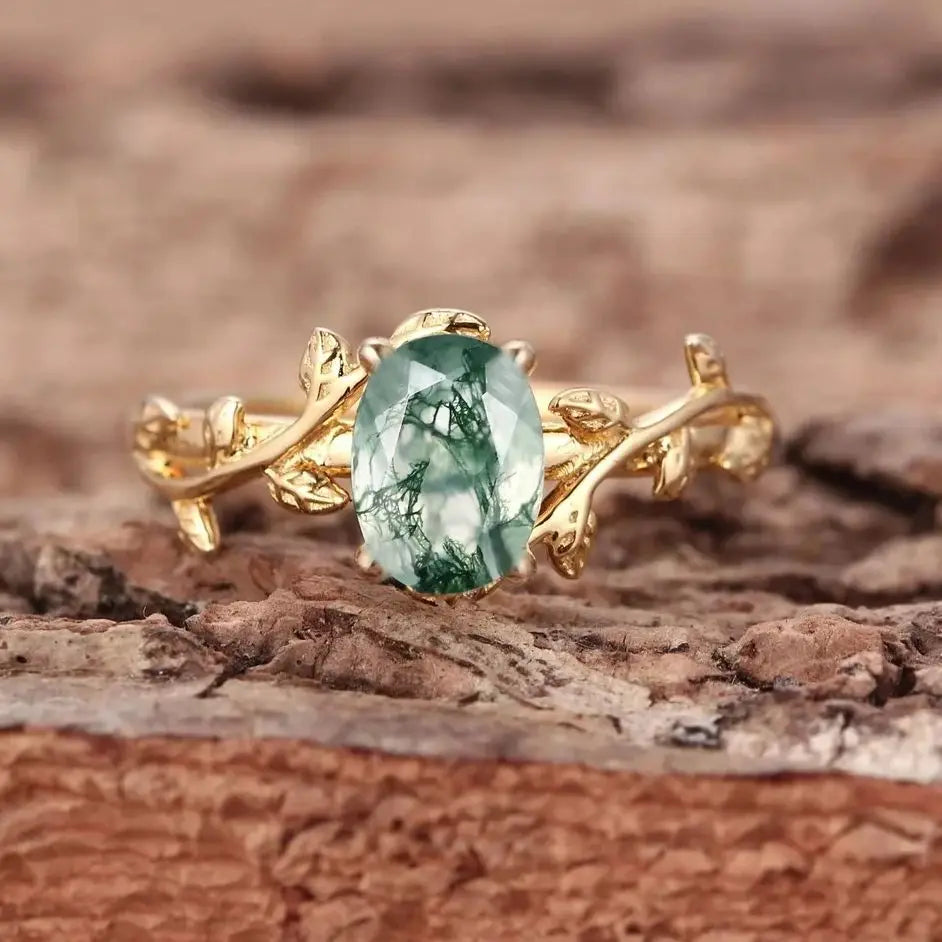 S925 Classic Moss Agate Ring