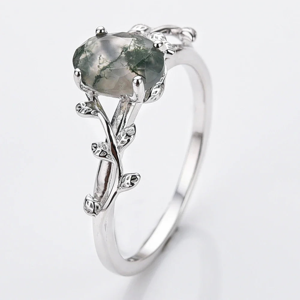 S925 Classic Moss Agate Ring