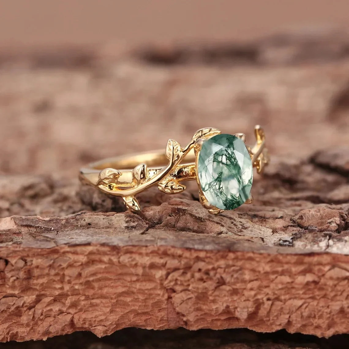 S925 Classic Moss Agate Ring