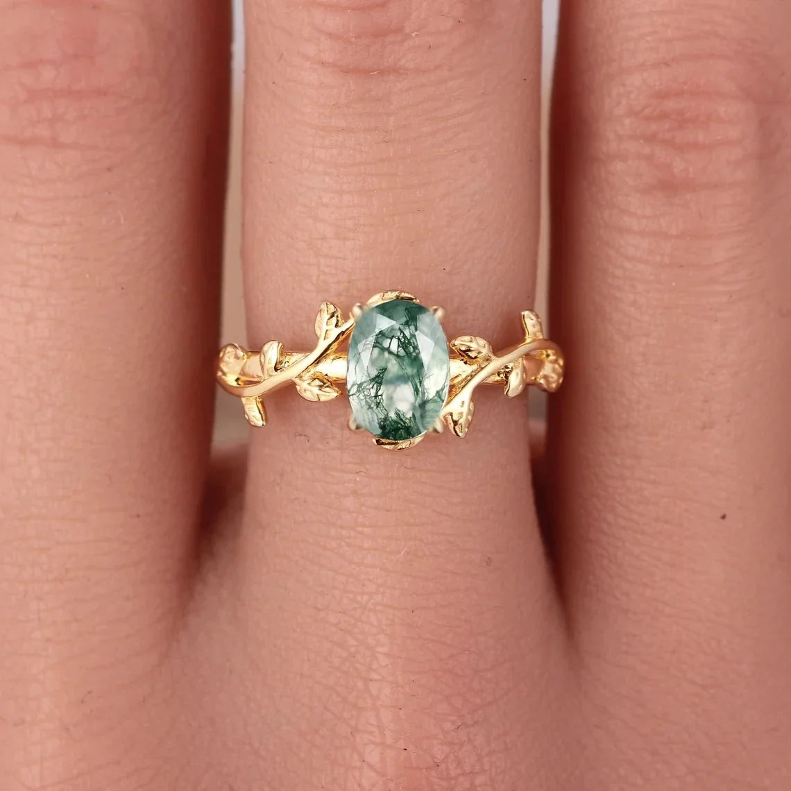 S925 Classic Moss Agate Ring