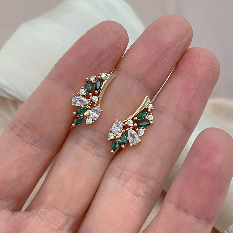 Leaf Green Zirconia Earrings For Women  - Rose Gold plated