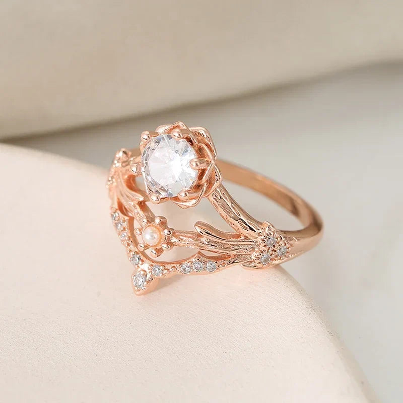 Floral-Inspired Double Band Ring with Freshwater Pearl