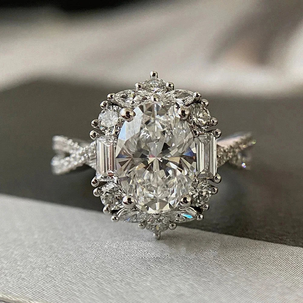 2-Carat Oval Cut D-Color Moissanite Flower Ring