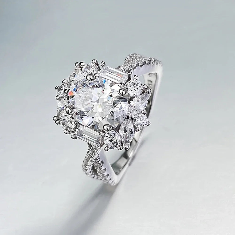 2-Carat Oval Cut D-Color Moissanite Flower Ring