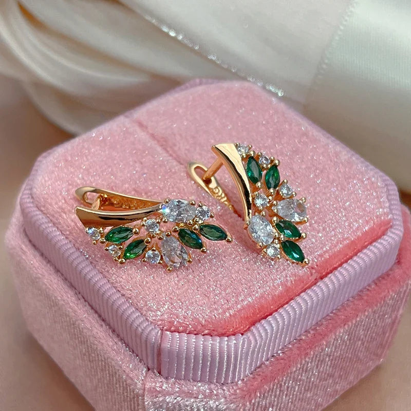 Leaf Green Zirconia Earrings For Women  - Rose Gold plated