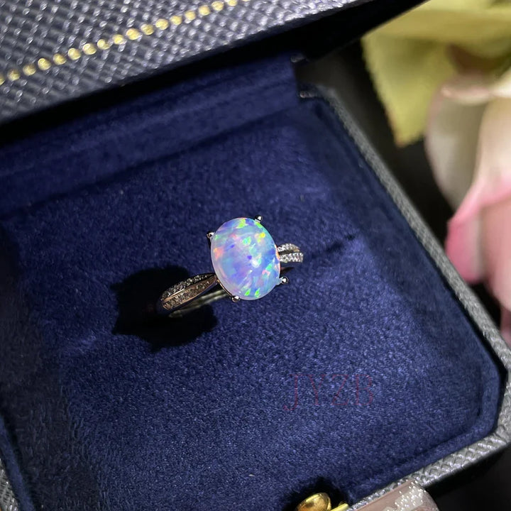 Platinum-Plated Silver Ring with Center Opal