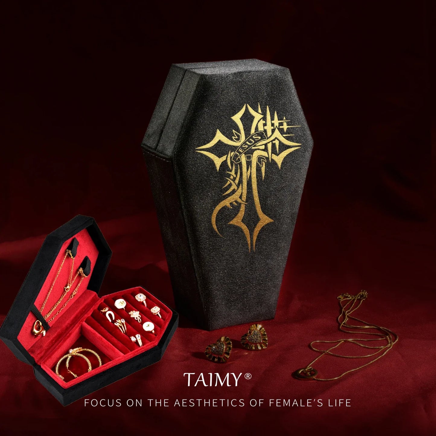 Handmade Gothic Velvet Coffin-Shaped Jewelry Box